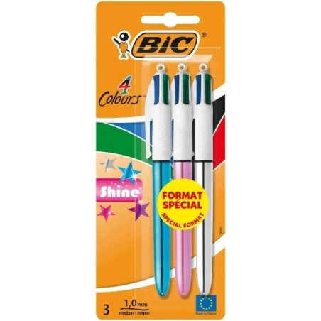 Bic 4 Colours Shine Pack de 3 Stylos à Bille Rétractables - Pointe de 1mm - Trait de 0.4mm - Encre à Base d'Huile - Corps