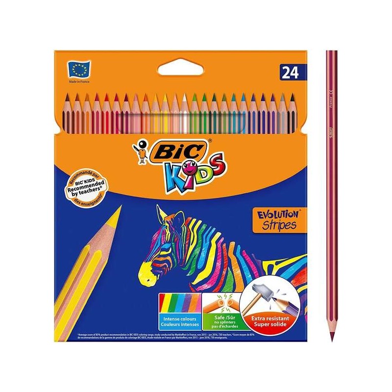 Bic Kids Evolution Stripes Caja de 24 Lapices de Colores surtidos - Fabricados en Resina - Punta Ultraresistente - Mina