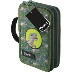 Trousse Maped Dinosaur à 2 niveaux avec 38 articles : gomme, taille-crayon, crayon graphite HB, 2 stylos, règle, 18 crayons de