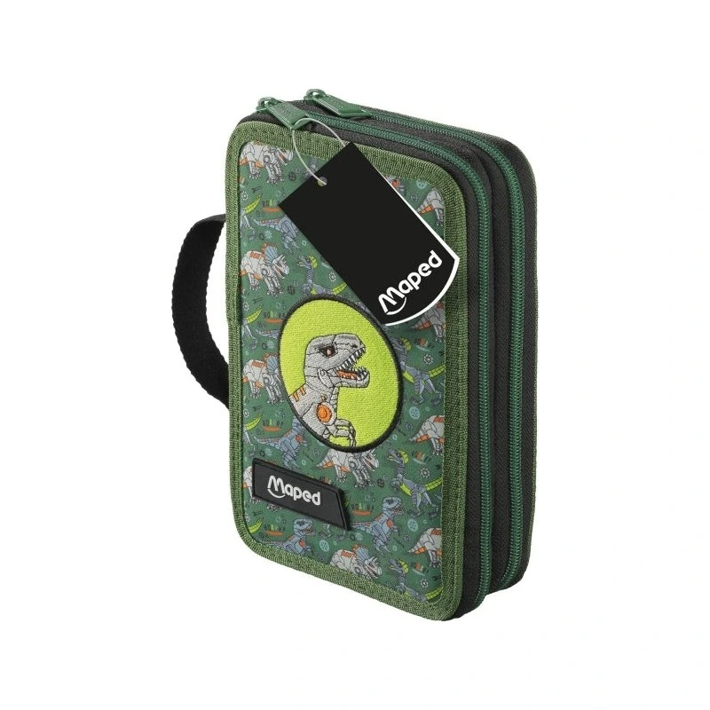 Trousse Maped Dinosaur à 2 niveaux avec 38 articles : gomme, taille-crayon, crayon graphite HB, 2 stylos, règle, 18 crayons de