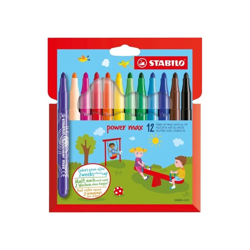 Stabilo Power Max Pack of 12 Broad Tip Felt Pens - 3mm Line - Washable Ink - Does Not Dry Out - Assorted Colours