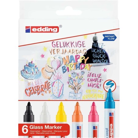 Edding 95 Pack de 6 Rotuladores para Cristal - Punta Redonda - Trazo 1.5-3mm - Colores Blanco, Amarillo, Negro, Naranja, Rosa y