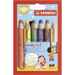 Stabilo Woody 3 en 1 Pack de 6 Lapices de Colores - Lapiz de Color, Cera y Acuarela, Todo en Uno - Mina XXL 10mm - Colores