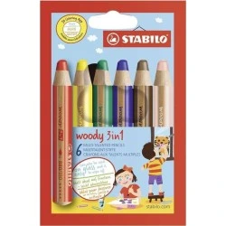 Stabilo Woody 3 en 1 Pack de 6 Lapices de Colores - Lapiz de Color, Cera y Acuarela, Todo en Uno - Mina XXL 10mm - Colores