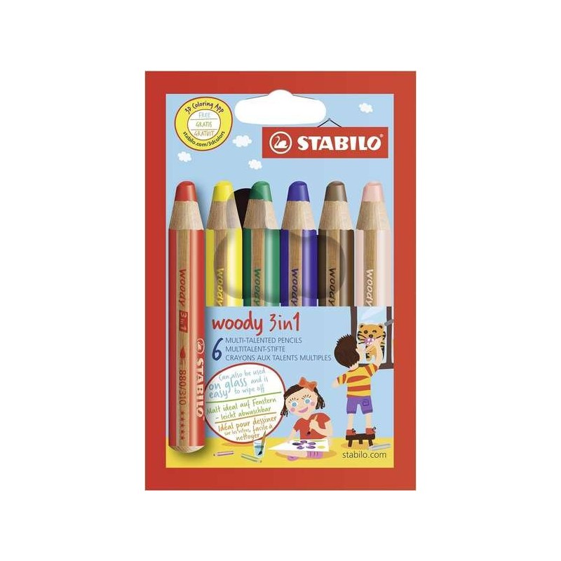 Stabilo Woody Lot de 6 Crayons de Couleur 3 en 1 - Crayon de Couleur, Cire et Aquarelle, Tout en Un - Mine XXL 10 mm - Couleurs
