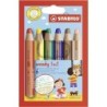 Stabilo Woody Lot de 6 Crayons de Couleur 3 en 1 - Crayon de Couleur, Cire et Aquarelle, Tout en Un - Mine XXL 10 mm - Couleurs