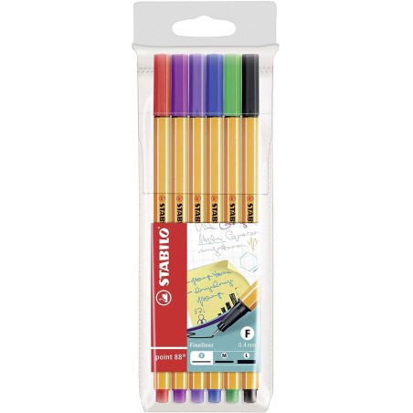 Stabilo Point 88 Pack de 6 Feutres à Pointe Fine Fibre - Trait de 0.4 mm - Encre à Base d'Eau - Couleurs Assorties