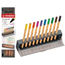 Stabilo Point 88 Desk Set with 10 Fibre Tip Pens - Approx. 0.4mm Line - Water-Based Ink - Assorted Colours
