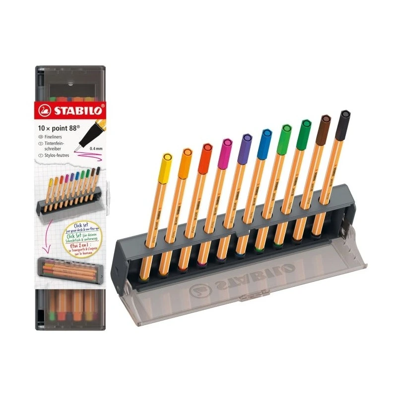 Stabilo Point 88 Desk Set with 10 Fibre Tip Pens - Approx. 0.4mm Line - Water-Based Ink - Assorted Colours