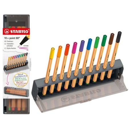 Stabilo Point 88 Set de Table avec 10 Feutres à Pointe Fibre - Trait d'Environ 0.4mm - Encre à Base d'Eau - Couleurs Assorties