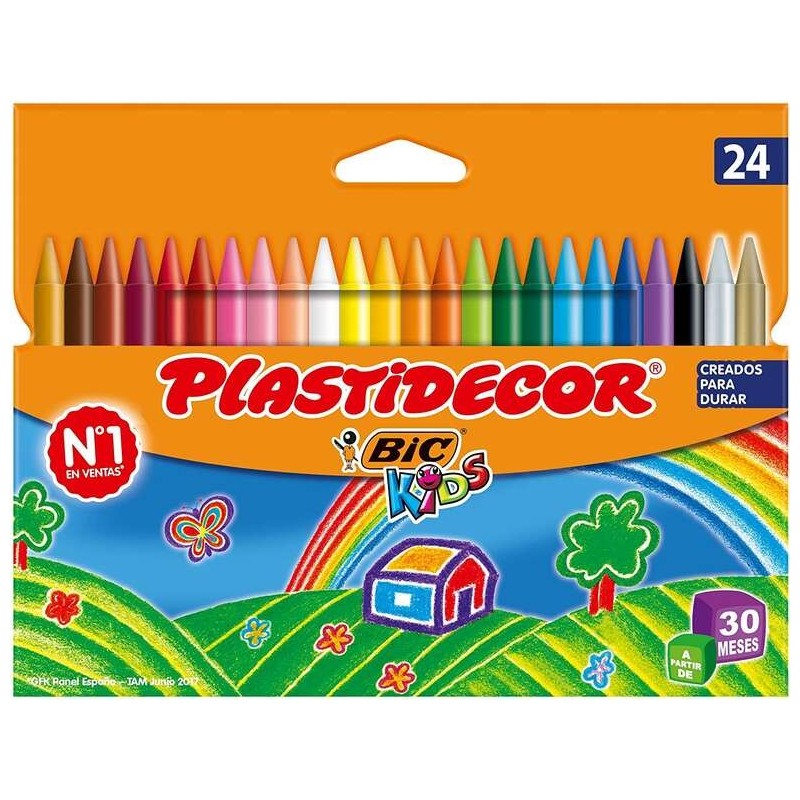 Bic Kids Plastidecor Caja de 24 Lapices de Cera - Extraresistentes - Facil de Sacar Punta - No Mancha