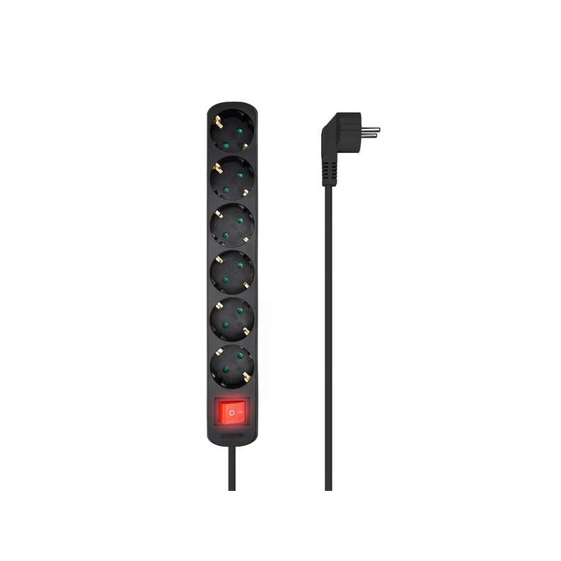 Aisens Regleta Multiple de 6 Tomas con Interruptor con Cable 3×1.5mm2 - 1.4m - Color Negro