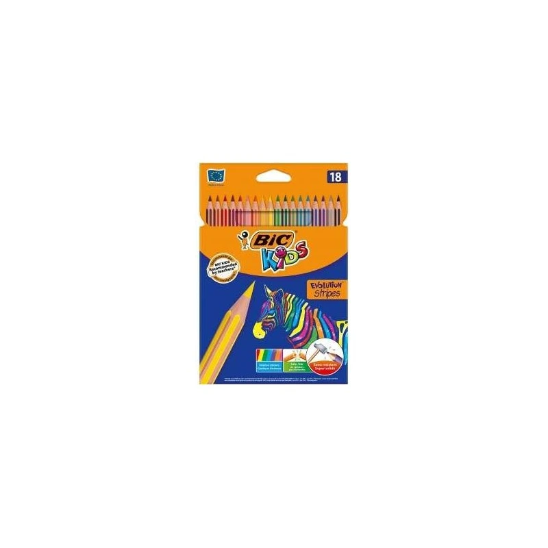 Bic Kids Evolution Stripes Caja de 18 Lapices de Colores surtidos - Fabricados en Resina - Punta Ultraresistente - Mina