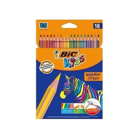 Bic Kids Evolution Stripes Caja de 18 Lapices de Colores surtidos - Fabricados en Resina - Punta Ultraresistente - Mina