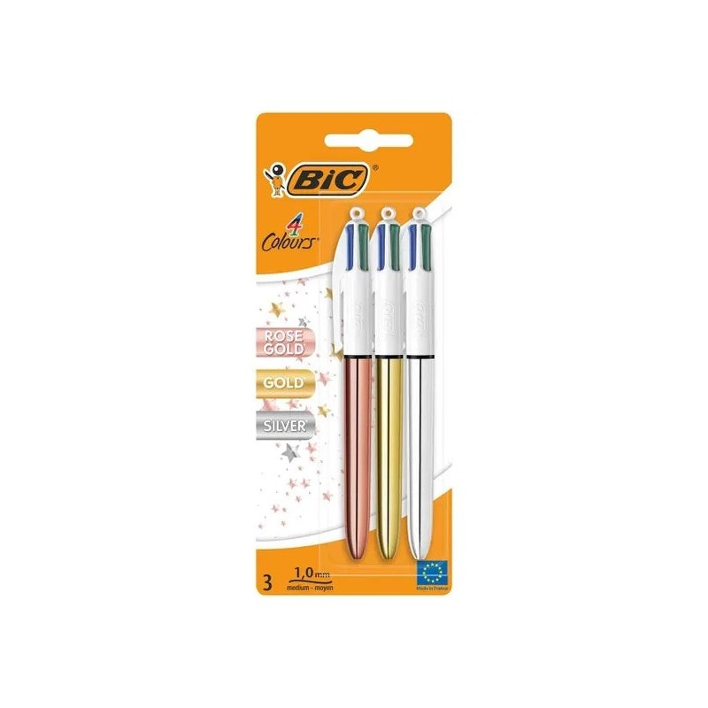 Bic 4 Colours Pack de 3 Boligrafos de Bola Retractil - Punta de 1mm - Trazo de 0.4mm - Tinta con Base de Aceite - Cuerpo Oro