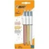Bic 4 Colours Pack of 3 Retractable Ballpoint Pens - 1mm Tip - 0.4mm Line - Oil-Based Ink - Gold, Silver and Rose Gold Barrel