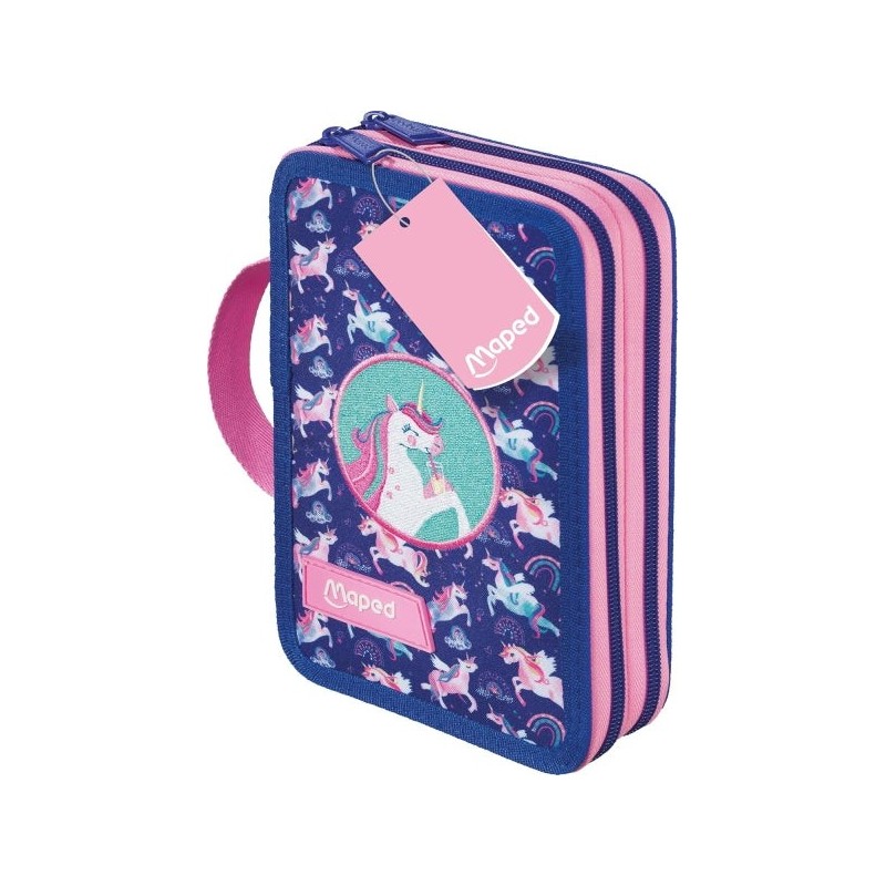 Trousse Maped Unicorn à 2 niveaux avec 38 articles : gomme, taille-crayon, crayon graphite HB, 2 stylos, règle, 18 crayons de