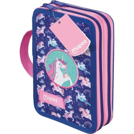 Maped Unicornio Estuche de 2 Pisos con 38 Articulos: Goma de Borrar, Sacapuntas, Lapiz de Grafito HB, 2 Boligrafos, Regla, 18