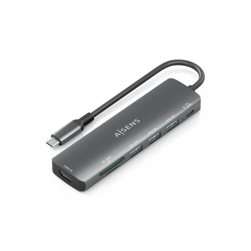 Aisens USB-C Dock 7 en 1 - USB-C a 1xHDMI - 3xUSB-A - 1xUSB-C 100W - 1xSD - 1xMicroSD - 15cm - Color Gris