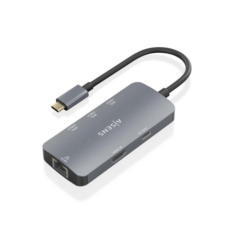 Aisens USB-C Dock 6 en 1 - USB-C a 1xHDMI - 1xRJ45 - 3xUSB-A - 1xUSB-C PD - 15cm - Color Gris