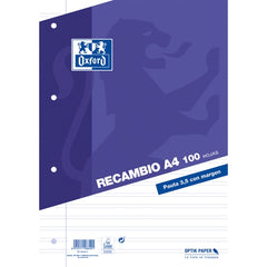 Oxford Recambio de 100 Hojas Pauta de 3.5mm con Margen - 4 Taladros