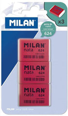 Milan Nata 624 Pack de 3 Gomas de Borrar Rectangulares - Plastico - Suave - No Abrasiva - Color Rojo/Blanco