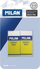 Milan Nata 6024 Graphic Pack de 2 Gomas de Borrar Rectangulares - Plastico - Faja de Carton Amarilla - No daÃ±a el Papel - Color Blanco