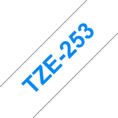 Fita de etiqueta laminada genérica Brother TZe253 - Texto azul sobre fundo branco - Largura 24 mm x 8 metros