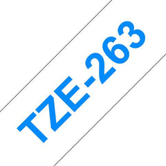 Fita de etiqueta laminada genérica Brother TZe263 - Texto azul sobre fundo branco - Largura 36 mm x 8 metros