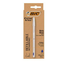 Bic Cristal ReÂ´new Pack de Boligrafo Recargable de Bola + 2 Recambios - Punta Redonda de 1.0mm - Trazo 0.32mm - Tinta con Base de Aceite - Cuerpo Metalico - Color Azul