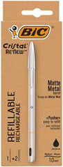 Bic Cristal ReÂ´new Pack de Boligrafo Recargable de Bola + 2 Recambios - Punta Redonda de 1.0mm - Trazo 0.32mm - Tinta con Base de Aceite - Cuerpo Metalico - Color Negro