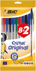 Bic Cristal Original Pack de 10 Boligrafos de Bola - Punta Redonda de 1.0mm - Trazo 0.4mm - Tinta con Base de Aceite - Colores Surtidos
