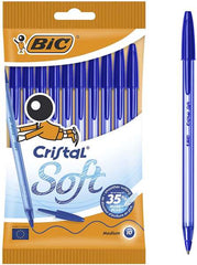 Bic Cristal Soft Pack de 10 Boligrafos de Bola - Punta Media de 1.2mm - Trazo 0.45mm - Escritura mas Fluida - Color Azul