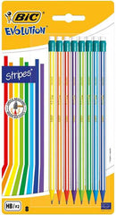 Bic Evolution Stripes Pack de 8 Lapices de Grafito Hexagonales con Goma de Borrar - Mina HB Ultraresistente - Fabricados en Resina Sintetica - Cuerpo de Colores Surtidos