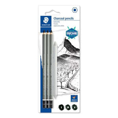 Staedtler Mars Lumograph Charcoal 100C Pack de 3 Lapices de Grafito + Difuminador - Alta ProporciÃ³n de Carbon y Carboncillo - Graduaciones Surtidas
