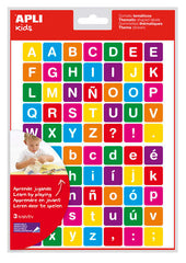 Apli Gomets Tematicos las Letras - 210 Gomets en 3 Hojas - Adhesivo Removible - Ayuda en la Identificacion y Pronunciacion de Letras - Adhesivo Base Agua - Libre de Disolventes - Color Variado