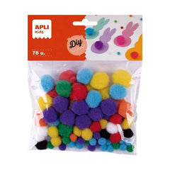 Apli Pack de 78 pompones medidas surtidas: Ã˜ 8 mm, Ã˜ 10 mm, Ã˜ 12 mm, Ã˜ 15 mm y Ã˜ 20 mm â€” colores surtidos