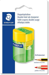 Staedtler 512 Sacapuntas de PlÃ¡stico Doble Uso - Angulo de Afilado 23Âº y 30Âº - 2 Agujeros - Deposito - Colores Surtidos
