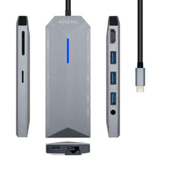 Aisens Dock 9 en 1 Hub USB-C 3.0 con 3x USB-A 3.0, 1x HDMI 1x RJ45, 1x PD 100W, 1x Audio 3.5mm, 1x Lector SD, 1x Lector MicroSD - Carcasa de Aluminio - Cable de 0.15m