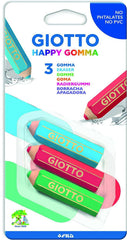 Giotto Happy Goma Pack de 3 Gomas de Borrar - Plastico - Colores Surtidos