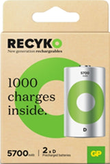 GP ReCyko Pack de 2 Pilas Recargables 5700mAh D 1.2V - Precargadas - Ciclo de Vida: Hasta 1000 Veces