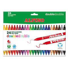 Alpino Double Double Pack con 24 Rotuladores Doble Punta - Punta Gruesa 3.6mm y Fina 2.3mm - Tinta Superlavable - Ideal para Trabajos Escolares y Dibujos - Colores Surtidos