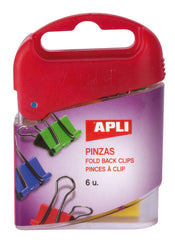 Apli Pack de 6 Pinzas Abatibles 19mm - Acero Templado - Asas Niqueladas - Sujecion hasta 50 Hojas - Colores Surtidos