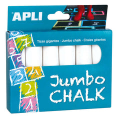 Apli Pack de 6 Tizas Redondas Jumbo - TamaÃ±o Ã˜ 25 x 105mm - Sulfato de Calcio Bajo en Residuo - Aptas para Uso Escolar - Color Blanco