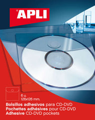 Apli Bolsillos Adhesivos para Cd/Dvd con Solapa de Cierre - TamaÃ±o 126 x 126mm - Ideal para Presentaciones Impresas y Archivadores - Contiene 6 Bolsillos