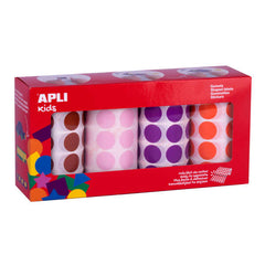 Apli Pack de 4 Rollos de Gomets Redondos Ã˜ 20mm - 1770 Gomets por Rollo - Adhesivo Permanente - 7080 Gomets en Total - Ideales para Escuelas Infantiles - Colores Marron, Rosa, Lila y Naranja