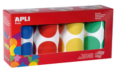 Apli Pack de 4 Rollos de Gomets Redondos Ã˜ 45mm - 354 Gomets por Rollo - Adhesivo Permanente - 1416 Gomets en Total - Ideales para Escuelas Infantiles - Colores Azul, Rojo, Amarillo y Verde