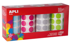 Apli Pack de 4 Rollos de Gomets Redondos Ã˜ 20mm - 1770 Gomets por Rollo - Adhesivo Permanente - 7080 Gomets en Total - Ideales para Escuelas Infantiles - Colores Azul Claro, Fucsia, Gris y Verde Claro