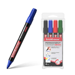 Erichkrause Pack de 4 Marcadores Permanente P-200 - Punta en Forma de Bala - Resistente al DaÃ±o y La Abrasion - Ancho de Escritura de 0.8 a 2.2 mm - Negro, Azul, Verde, Rojo
