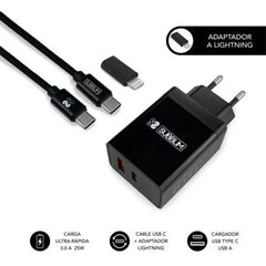 Subblim Cargador domÃ©stico de 2 puertos - 25W - Carga rÃ¡pida PD 3.0/2.0/Quick Charge 3.0 4.0 2.0 - Cable USB C reversible - Color Negro